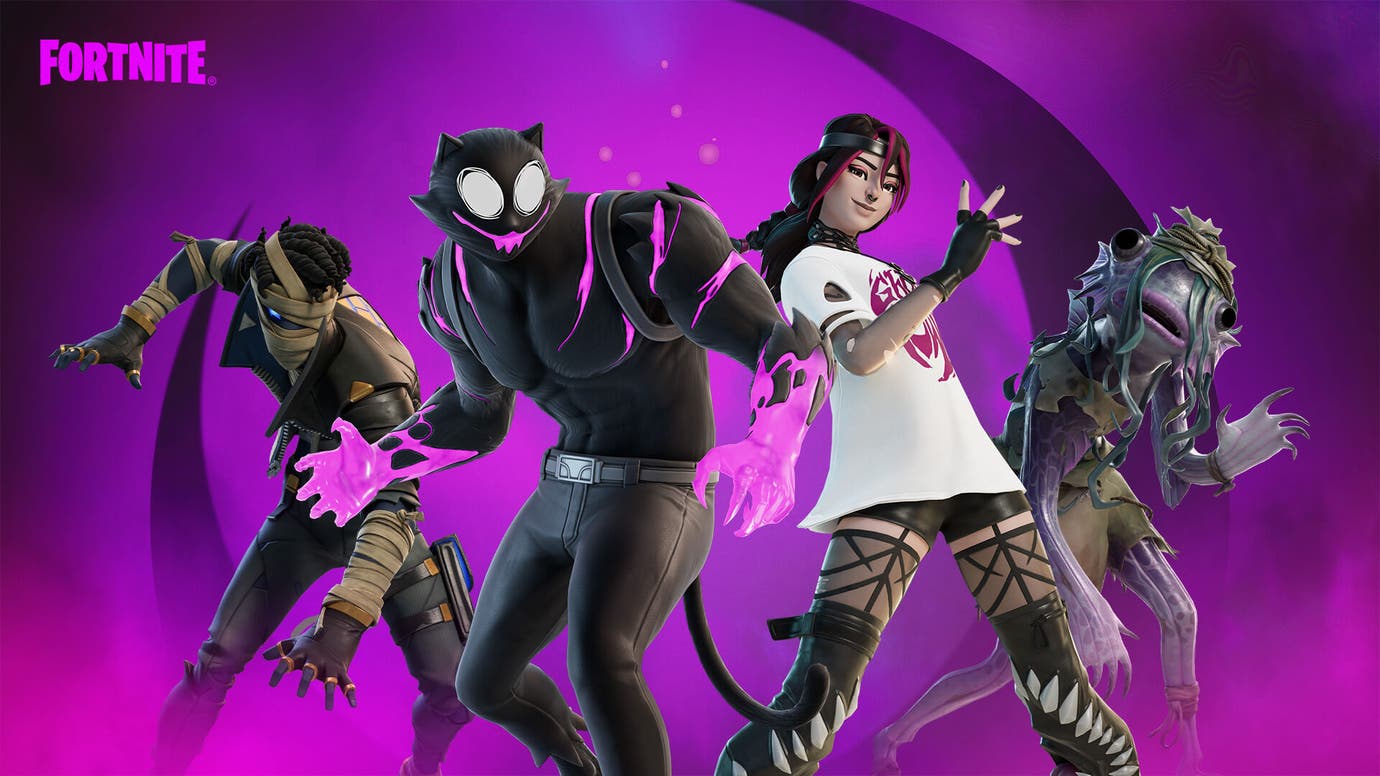 Fortnite-artwork toont een verscheidenheid aan in-game personagemodellen, waaronder een demonkat en een moerasvisstick.